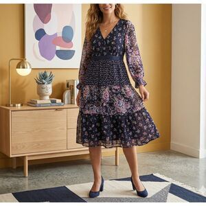 Ann Taylor Loft Navy Blue & Pink Floral Patchwork Boho Cottagecore Dress